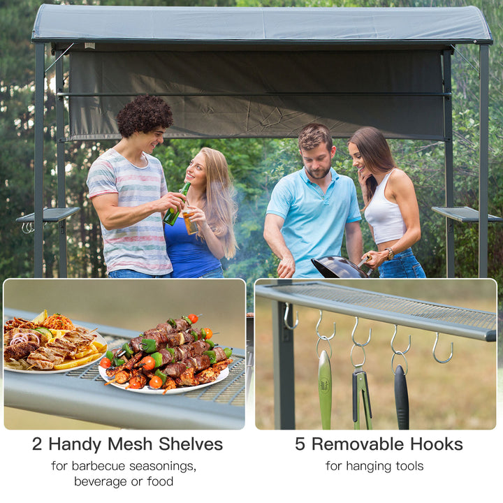 Outsunny 7x4.5ft Outdoor BBQ Gazebo Tent Metal Frame Garden Grill Canopy Sunshade Backyard Portable Shelter with Side Awning 2 Shelves and 5 Hooks Grey