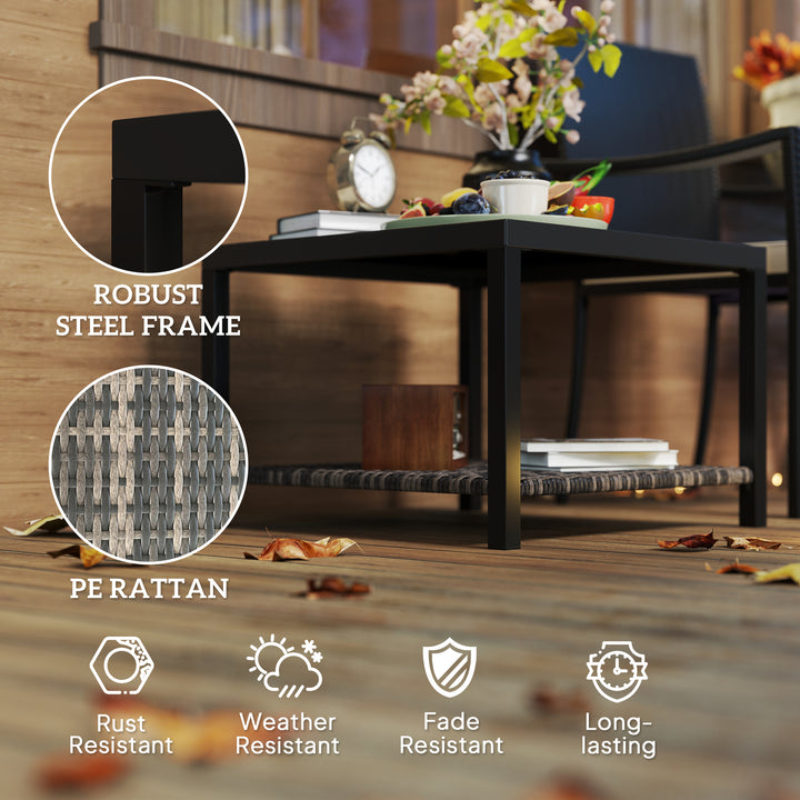 Outsunny 23.6" Rattan End Table, Outdoor Coffee Table with Tempered Glass Top, Storage Shelf for Patio, Garden, Balcony, Black