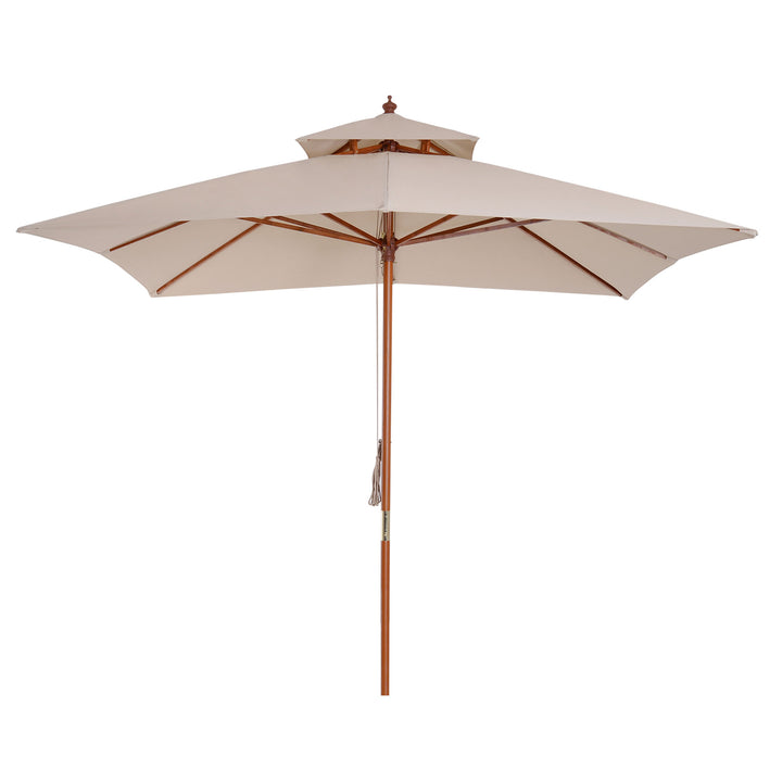 Outsunny 10x10ft Wood Square Patio Umbrella Garden Market Parasol Sunshade Canopy with 2 Pulley Pagoda Style, Khaki