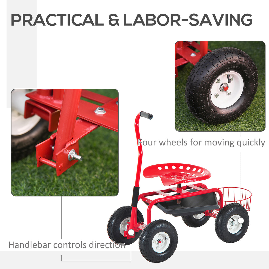 Outsunny Garden Scooter, Rolling Cart with Swivel and Adjustable Seat, Tool Tray, Bucket Basket, Red and Black