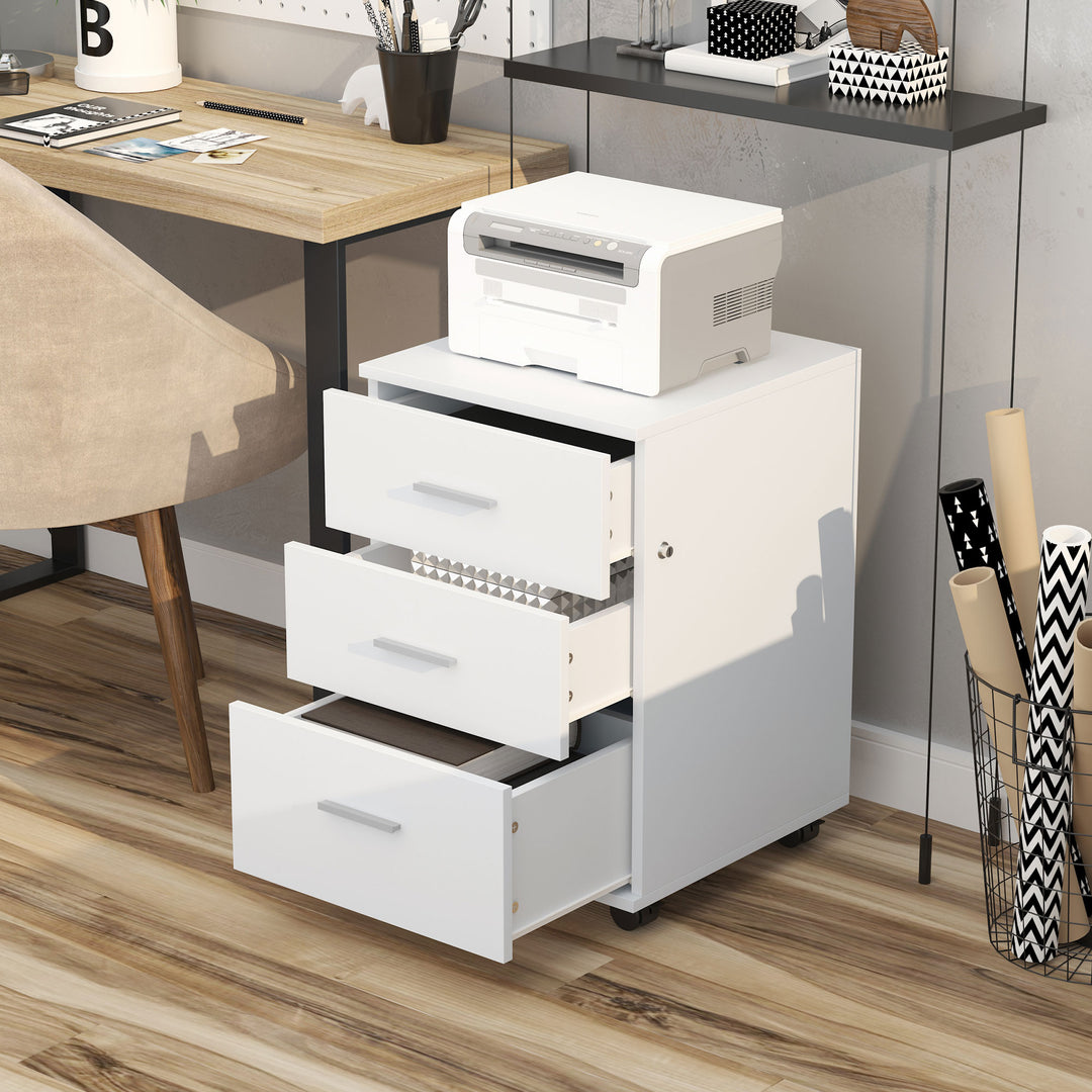 Vinsetto Mobile Filing Cabinet with Wheels, 3 Drawer File Cabinet with Lock and Keys for Home Office, White