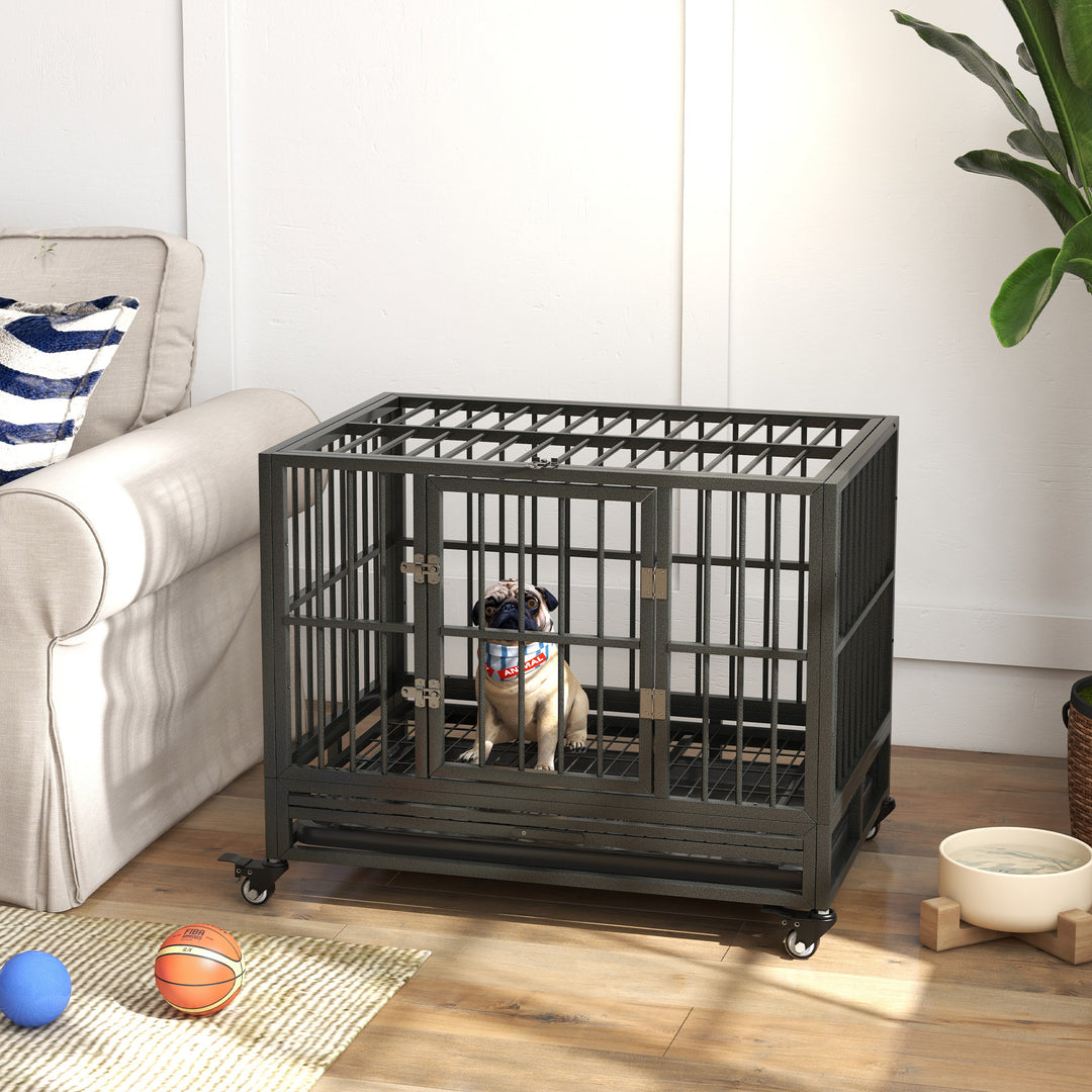 PawHut 36" Heavy Duty Steel Dog Crate Kennel Pet Cage with Wheels for Convenient Access Anti-Pinching Floor, Grey