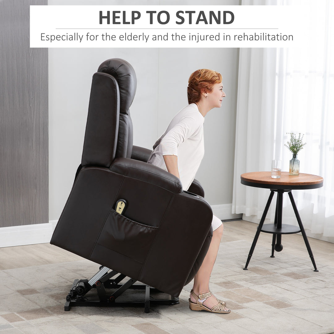 HOMCOM Electric Power Lift Chair, PU Leather Recliner Sofa with Footrest, Remote Control and Cup Holders, Brown