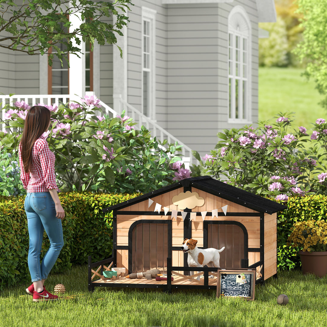 PawHut 59"x64"x39" Wood Dog House Outdoor Cabin-Style Elevated Pet Shelter with Porch Deck, Beige