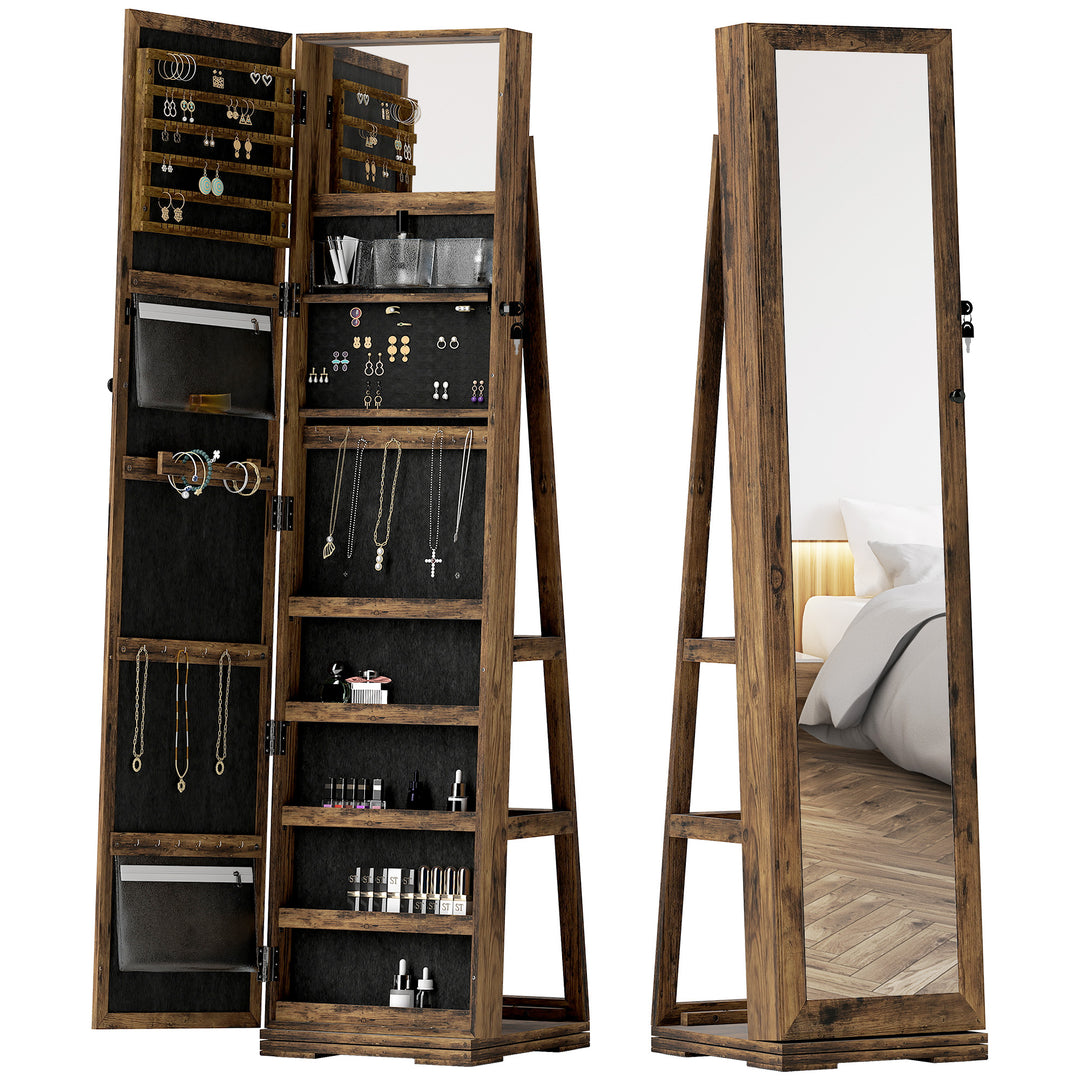 HOMCOM 360° Swivel Jewellery Armoire, Lockable Mirror Jewellery Cabinet with Built-In Small Mirror, Rustic Brown