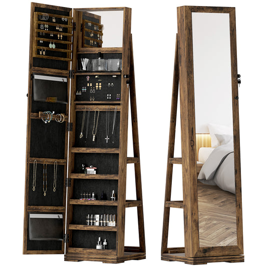 HOMCOM 360Â° Swivel Jewelry Armoire, Lockable Mirror Jewelry Cabinet with Built-In Small Mirror, Rustic Brown
