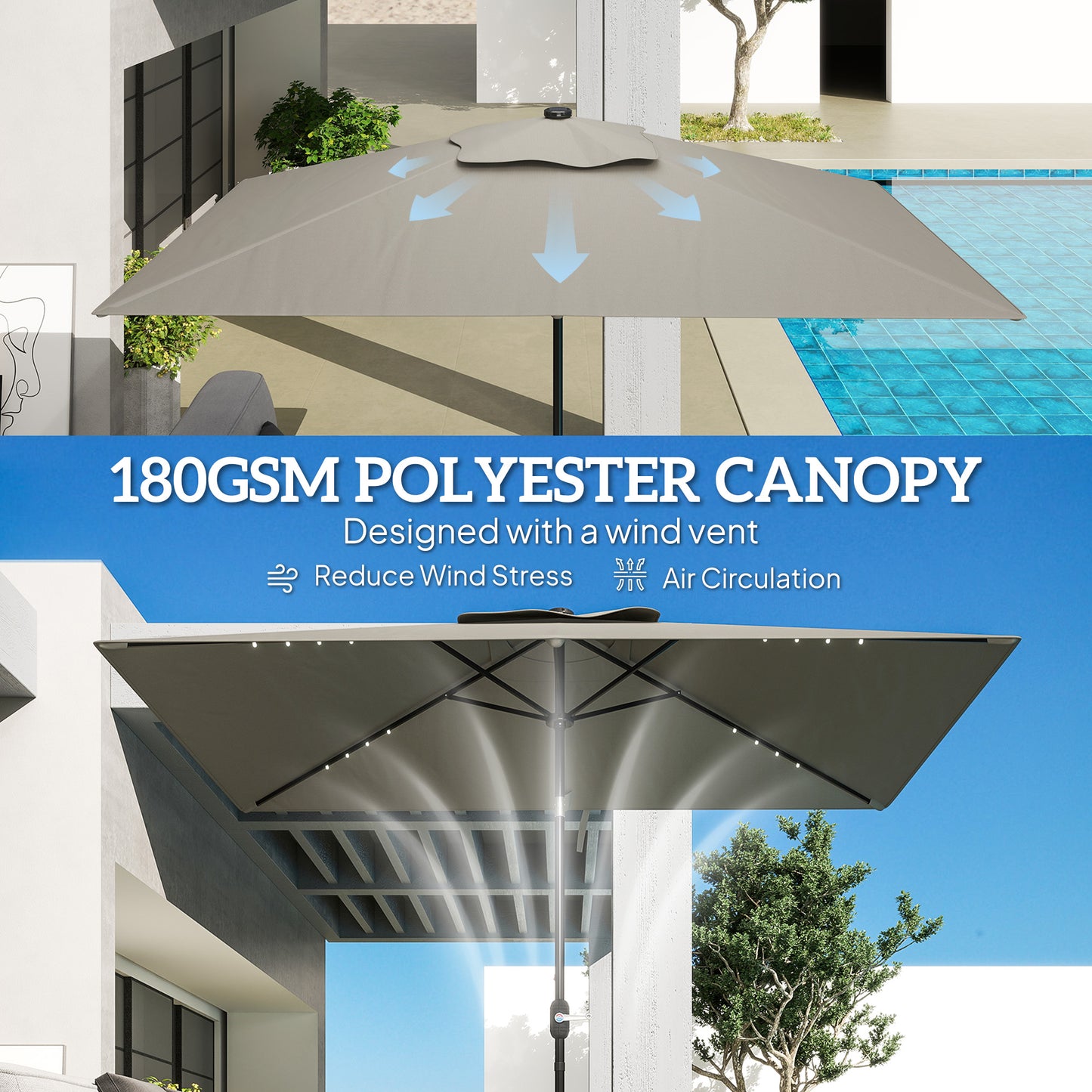 Outsunny 6' x 10' Patio Umbrella with 22 LED Solar Lights and Tilt, Rectangular Outdoor Table Umbrella with Crank, Beige