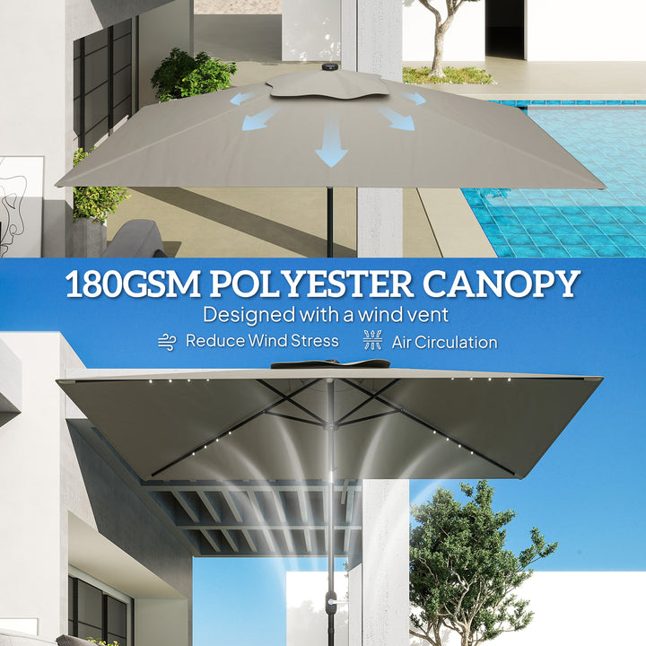 Outsunny 6' x 10' Patio Umbrella with 22 LED Solar Lights and Tilt, Rectangular Outdoor Table Umbrella with Crank, Dark Grey