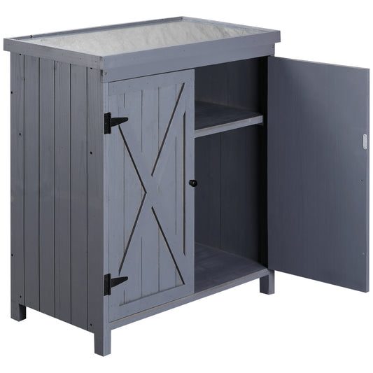 Outsunny Garden Storage Cabinet, Outdoor Tool Shed with Galvanized Top and Two Shelves for Yard Tools or Pool Accessories, Grey