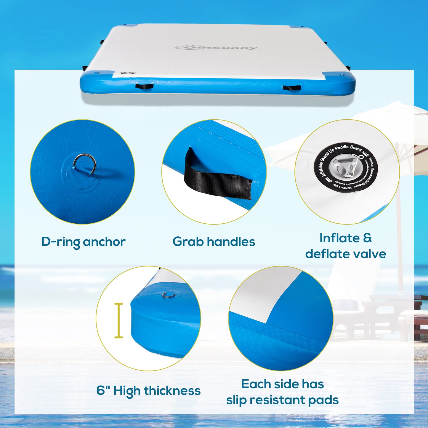 Outsunny 8' x 6' Water Floating Dock, Rafting Inflatable Island with Air Pump and Backpack for Pool, Beach, Ocean, Blue & Green