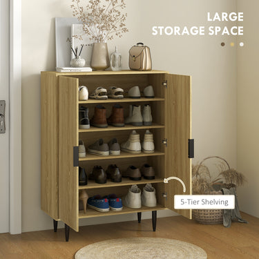 HOMCOM Entryway Shoe Cabinet with 5-Tier Shelving and Adjustable Shelves, 15 Pair Shoe Storage Organizer for Hallway, Oak