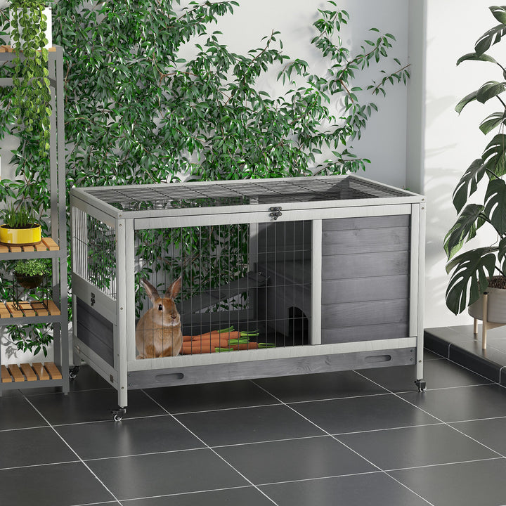 PawHut Wooden Indoor Rabbit Hutch Elevated Bunny Cage Habitat with Enclosed Run with Wheels, Suitable for Rabbits and Guinea Pigs, Grey