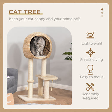 PawHut 39" H Cat Tree with Sisal Scratching Post, Condo, Plush Perch, Hanging Rope and Hanging Ball, Beige