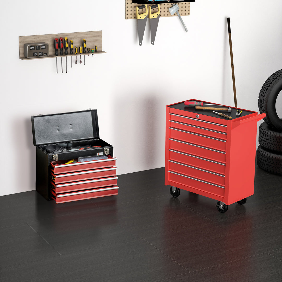 DURHAND Lockable Tool Chest and Tool Box Set of 2, 7 Drawer Tool Cabinet with Wheels, 4 Drawer Portable Tool Chest with Handle for Garage, Factory, Workshop, Red