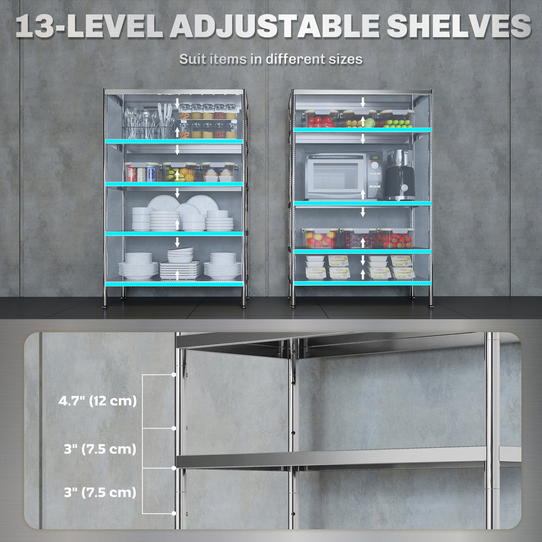 HOMCOM Bakers Rack, 5-Tier Stainless Steel Kitchen Storage Shelf with Adjustable Heights for Spices, Pots and Pans, Silver