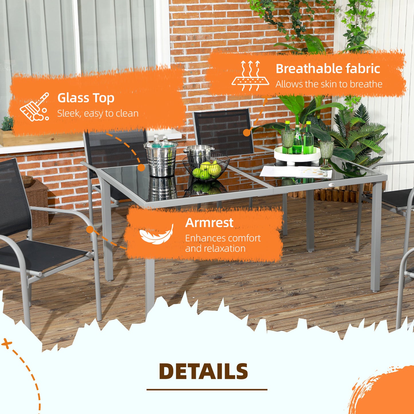Outsunny 7 Piece Outdoor Patio Dining Set with Table and 6 Stackable Chairs, Steel Frame, Tempered Glass Top, Mesh Seats, Black
