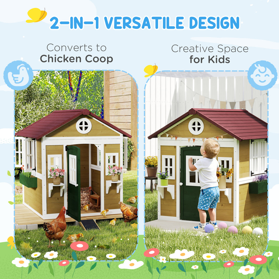 Outsunny Wooden Playhouse for Kids Outdoor with Door, Windows, Planter Pots and Boxes for Toddlers 3-8 Years, Beige