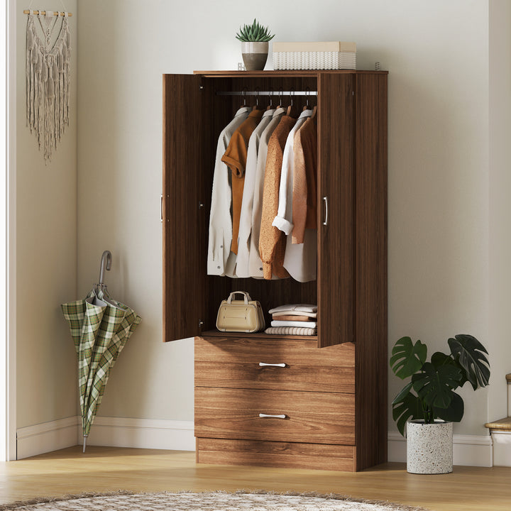 HOMCOM Wardrobe Closet Armoire with Hanging Rod and 2 Doors, Clothes Storage Organizer with 2 Drawers for Bedroom, Oak