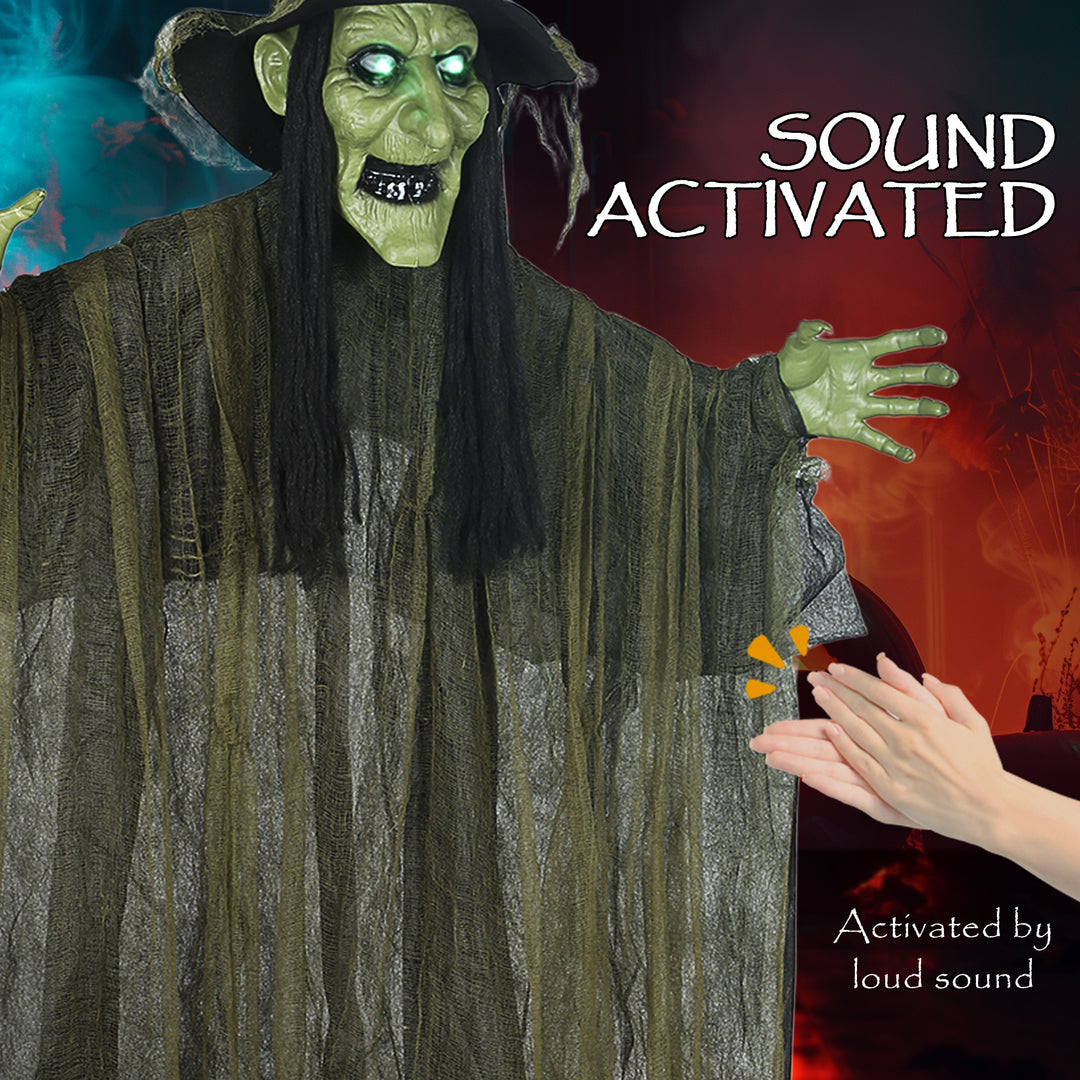 Outsunny Animatronics Hanging Witch, Voice-Activated Prop, Flashing Eyes & Wicked Laughter, Scary Halloween Decoration, Green