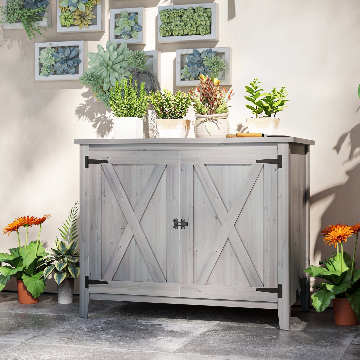 Outsunny Wooden Outdoor Storage Cabinet, Garden Shed Potting Shed with Shelf and Double Doors, Light Grey