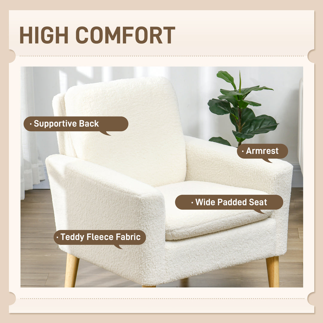 HOMCOM Fabric Accent Chair, Modern Upholstered Armchair with Wood Legs and Wide Padded Seat, Cream White