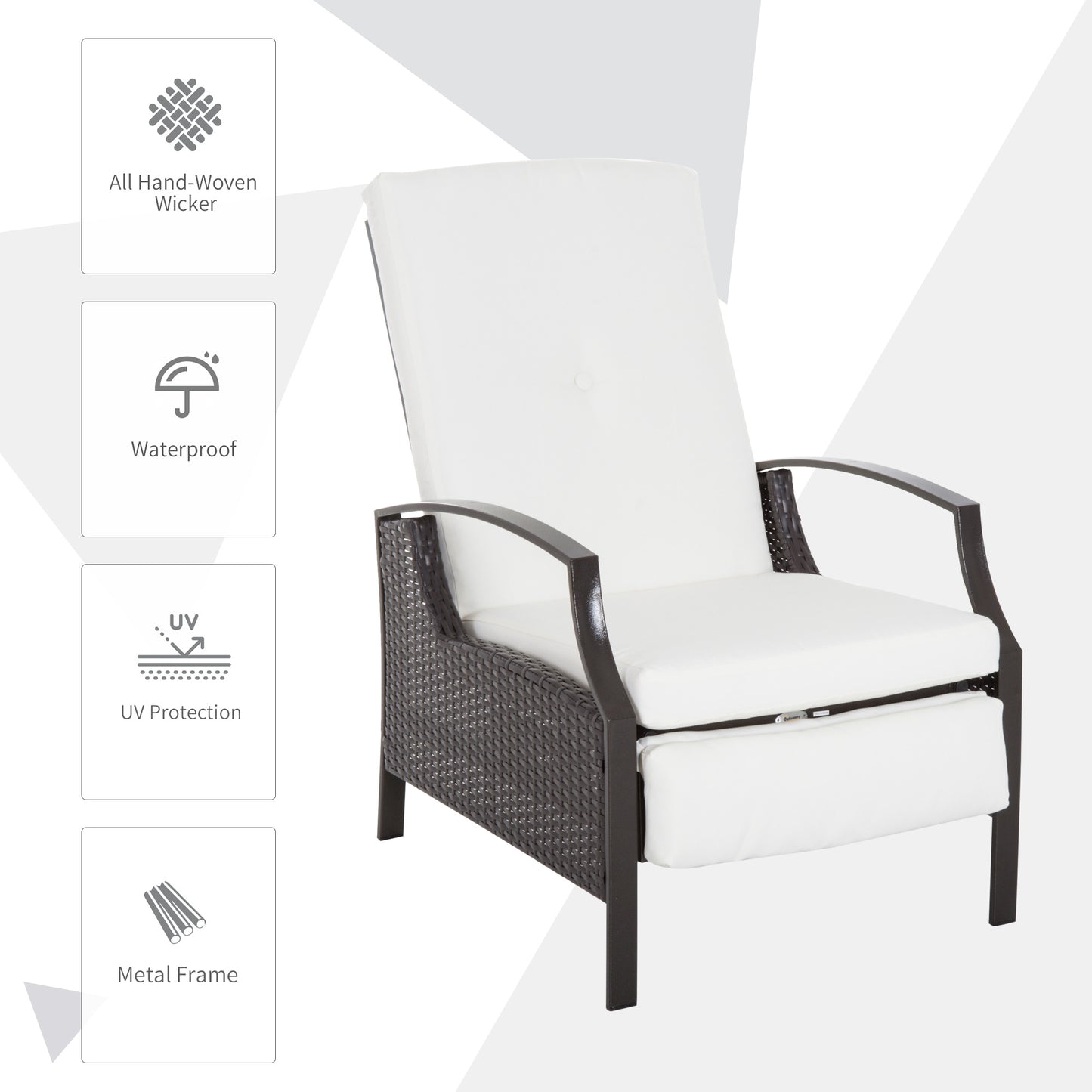 Outsunny Outdoor Rattan Recliner Chair, Wicker Reclining Chair with Adjustable Back Retractable Footrest Cushion Blue