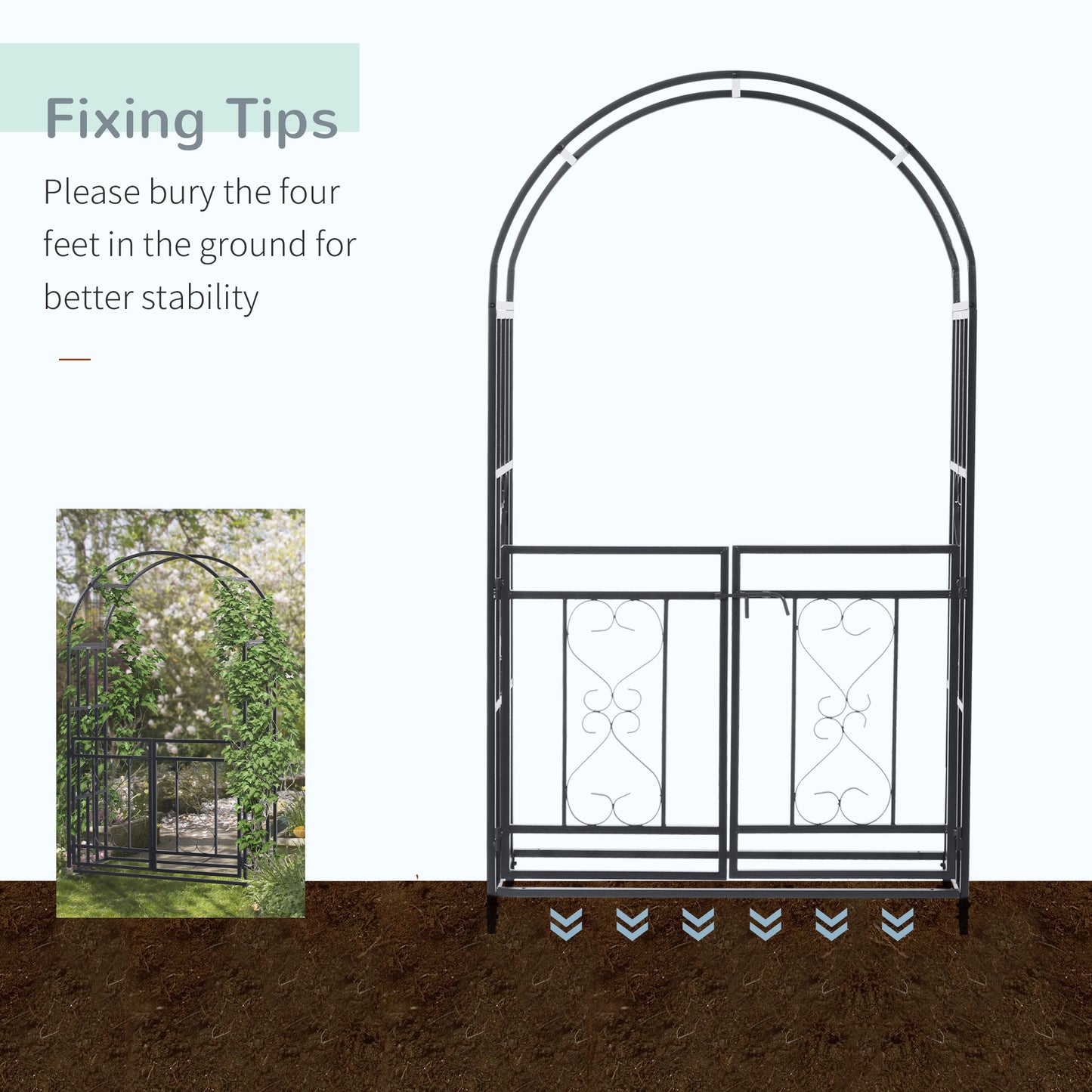 Outsunny 6.7 FT Steel Garden Arch with Gate Outdoor Courtyard Arbor for Climbing Vine Plants Lawn Backyard Decoration Dark Grey