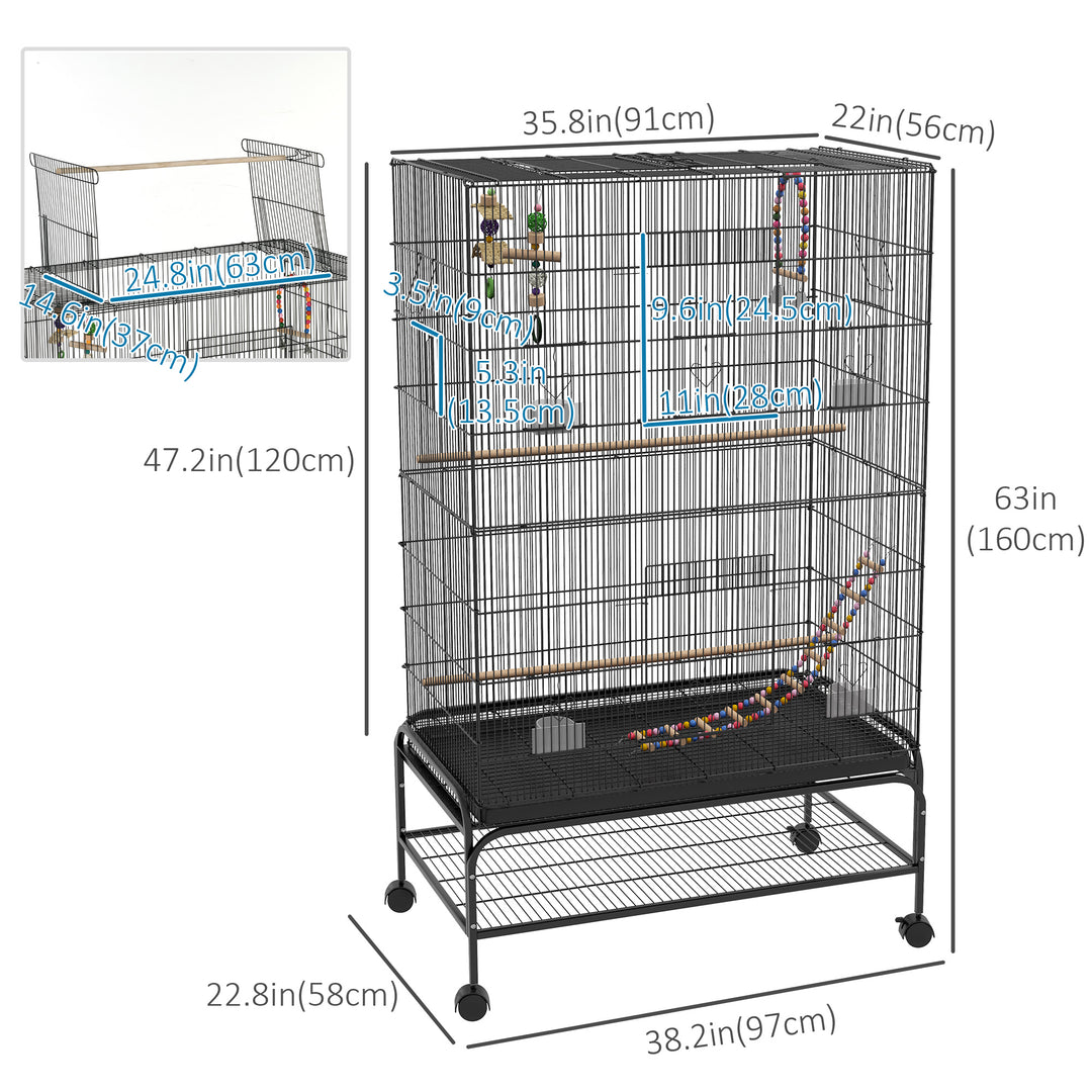 PawHut 63" Bird Cage w/ Open Top for Budgies, Cockatiels, Lovebirds Finches, Stand, Toys, Removable Tray, Storage Shelf