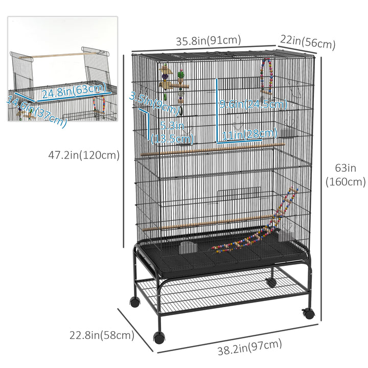 PawHut 63" Bird Cage w/ Open Top for Budgies, Cockatiels, Lovebirds Finches, Stand, Toys, Removable Tray, Storage Shelf