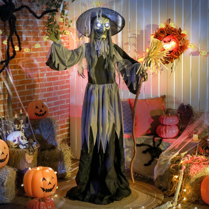 Outsunny Animatronics Standing Witch, Voice-Activated Prop, Spinning Head & Flashing Eyes, Easy Setup Indoor, Black
