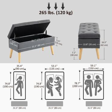 HOMCOM Storage Ottoman with Lid, Velvet Upholstered Storage Bench with Wood Legs for Living Room, Charcoal Grey