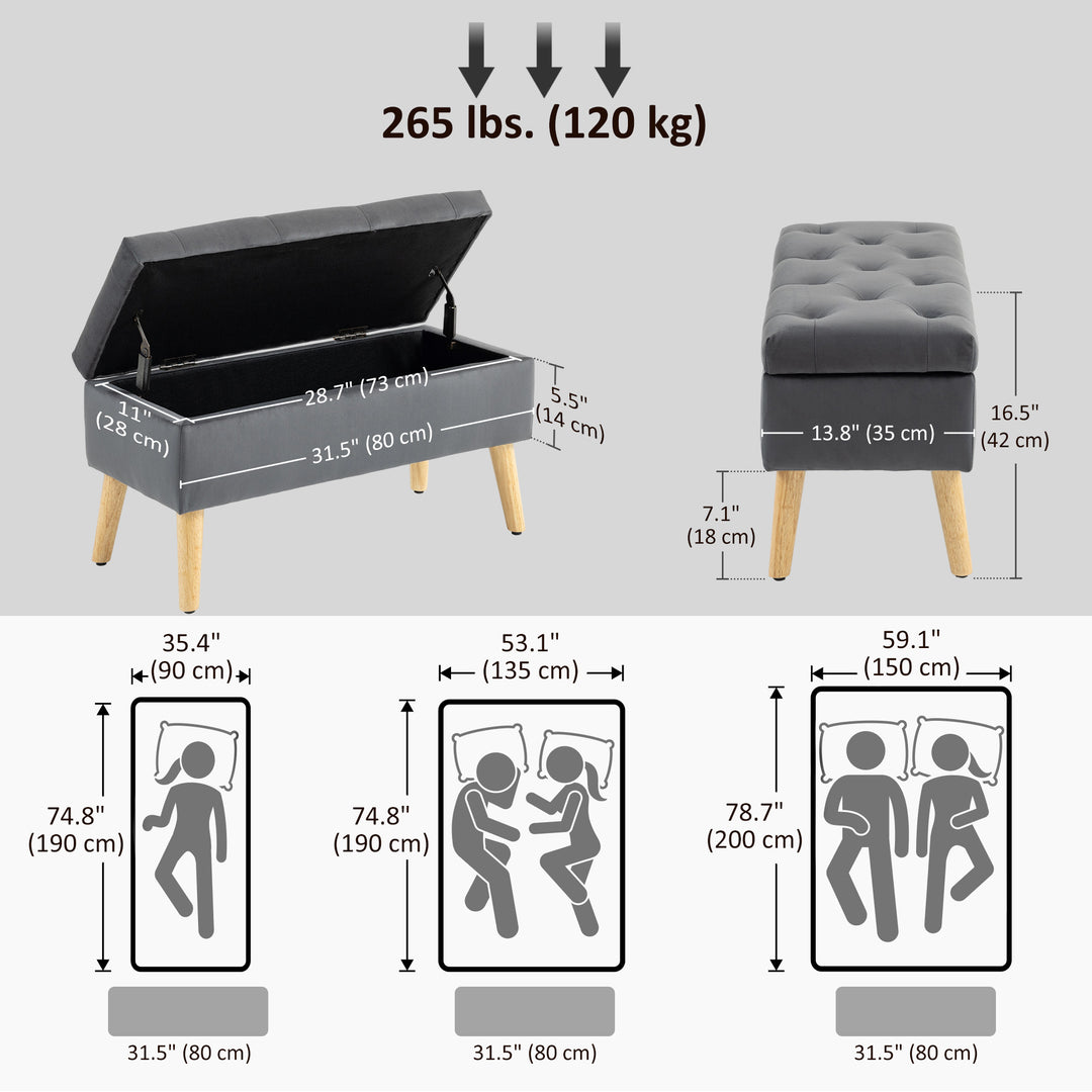 HOMCOM Storage Ottoman with Lid, Velvet Upholstered Storage Bench with Wood Legs for Living Room, Charcoal Grey