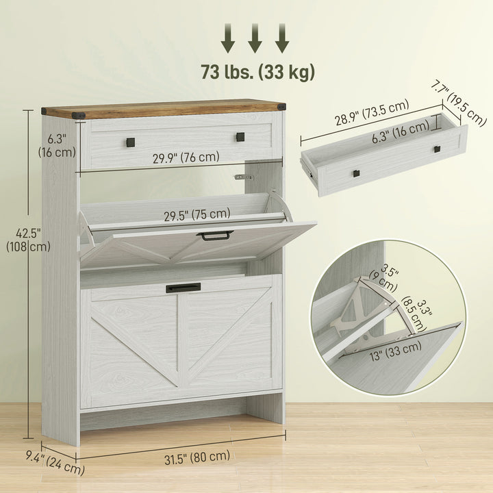 HOMCOM Narrow Shoe Storage Cabinet, Farmhouse Shoe Cabinet with 2 Flip Drawers, 1 Drawer, 12 Pairs for Entryway, White