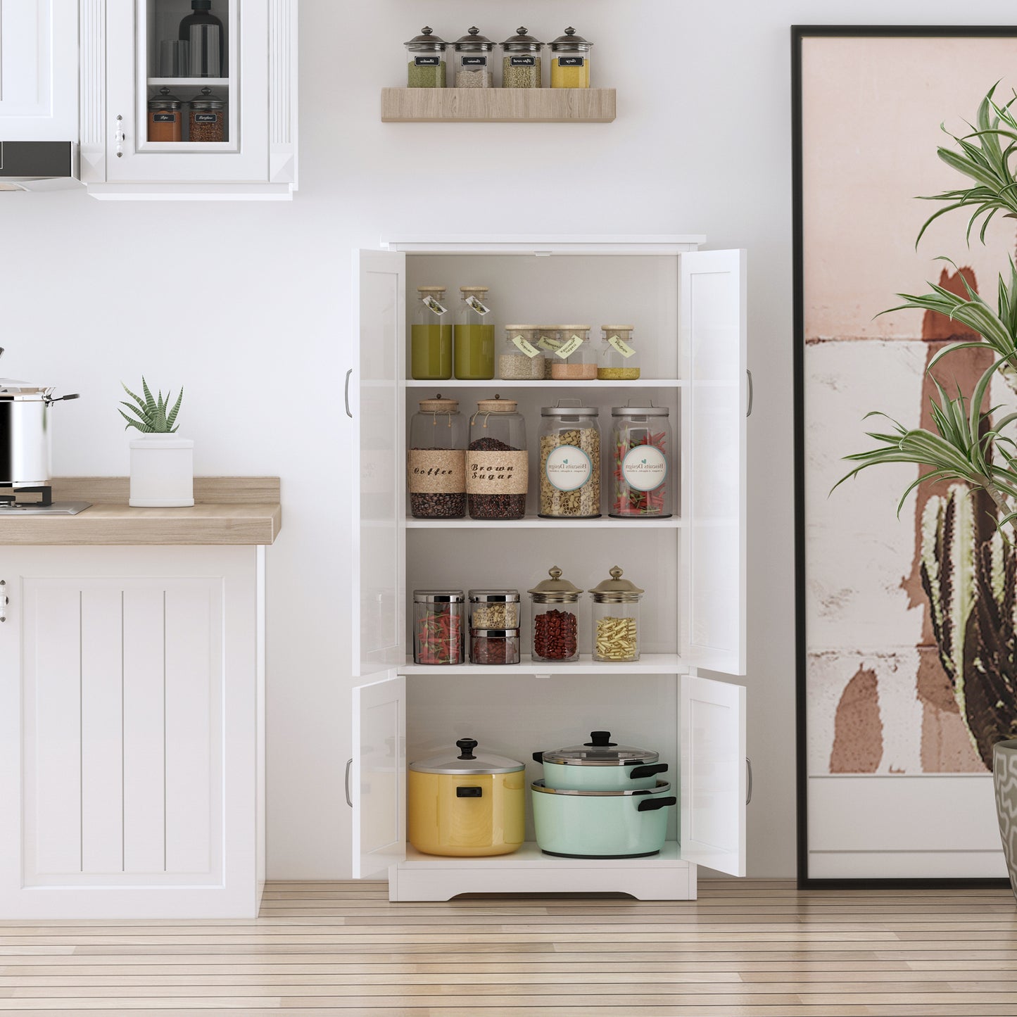 HOMCOM 48" 4-Door Storage Cabinet Multi-Storey Large Space Pantry with Adjustable Shelves Black
