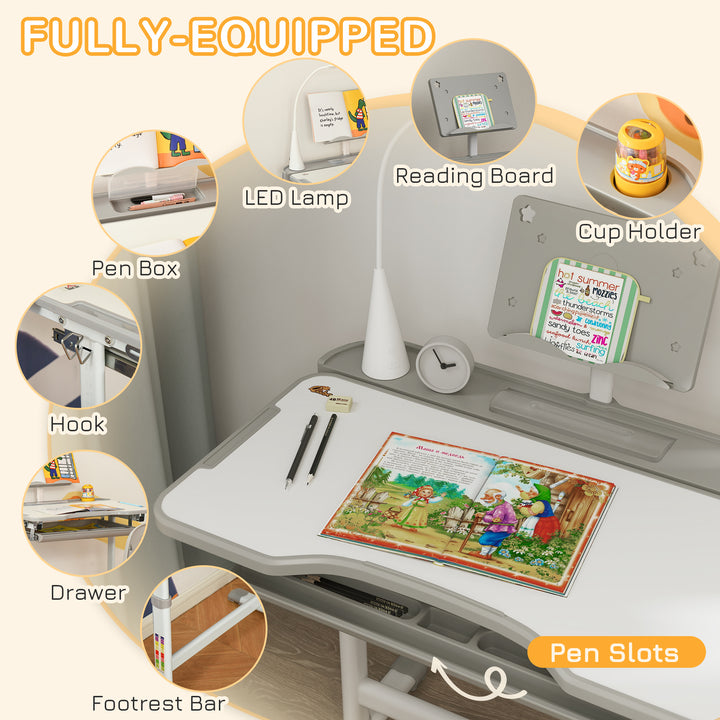 Qaba Kids Desk and Chair Set Height Adjustable Student Writing Desk Children School Study Table with Tilt Desktop, Grey