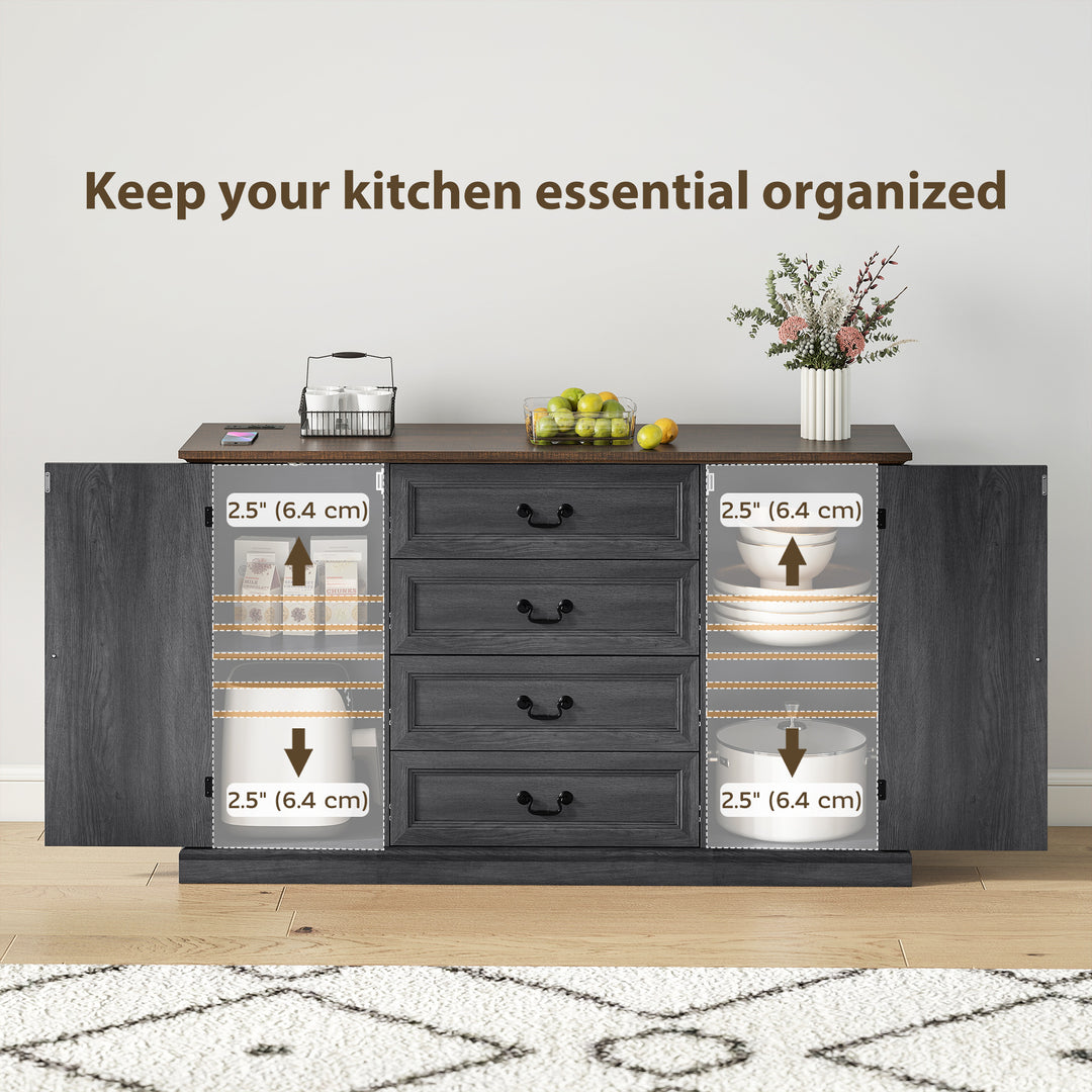 HOMCOM Farmhouse Sideboard with Charging Station, 58" Buffet Cabinet, Kitchen Storage Cabinet with 4 Drawers, 2 Doors, Black