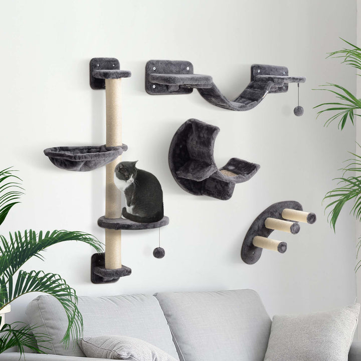 PawHut 4Pcs Cat Wall Shelf with Scratching Post, Cat Wall Shelves for Relaxing, Climbing, Cat Wall With Soft Ladder, Hammock, Play Balls, Grey