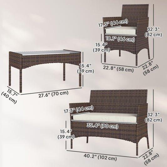Outsunny 4 Pieces Wicker Outdoor Balcony Furniture Set Rattan Patio Furniture Set with Loveseat Chairs Glass Coffee Table Beige