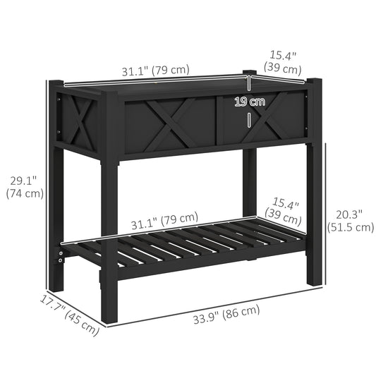 Outsunny Wooden Raised Garden Bed, Elevated Planter Box with Storage Shelf, Drainage Holes and Liner, 34" x 18" x 30", Black