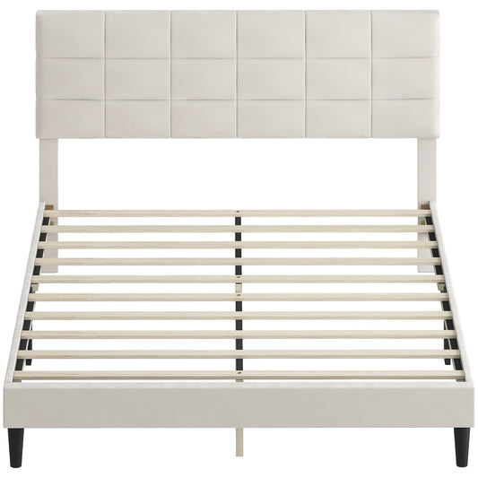 HOMCOM Queen Size Bed Frame with Upholstered Headboard, Modern Platform Bed Frame with Wood Slats, 1100 lbs Capacity, Cream
