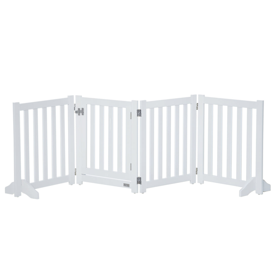PawHut 23.5"H Foldable Dog Gate with Door, 4 Panels Freestanding Pet Gate Barriers Indoor with Support Feet, Puppy Fence for Small Dogs, Grey