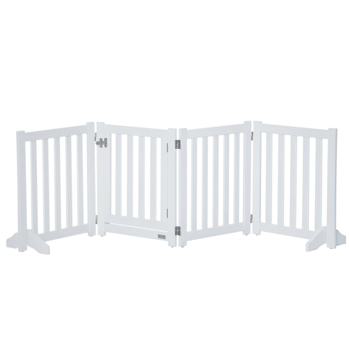PawHut 23.5"H Foldable Dog Gate with Door, 4 Panels Freestanding Pet Gate Barriers Indoor with Support Feet, Puppy Fence for Small Dogs, Grey