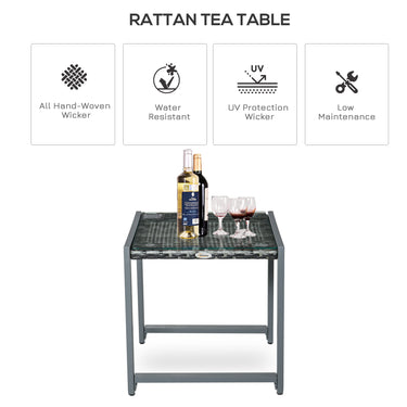 Outsunny Rattan Coffee Table, Wicker Patio Side Table with Tempered Glass Top and Aluminum Frame for Outdoor, Garden, Gray