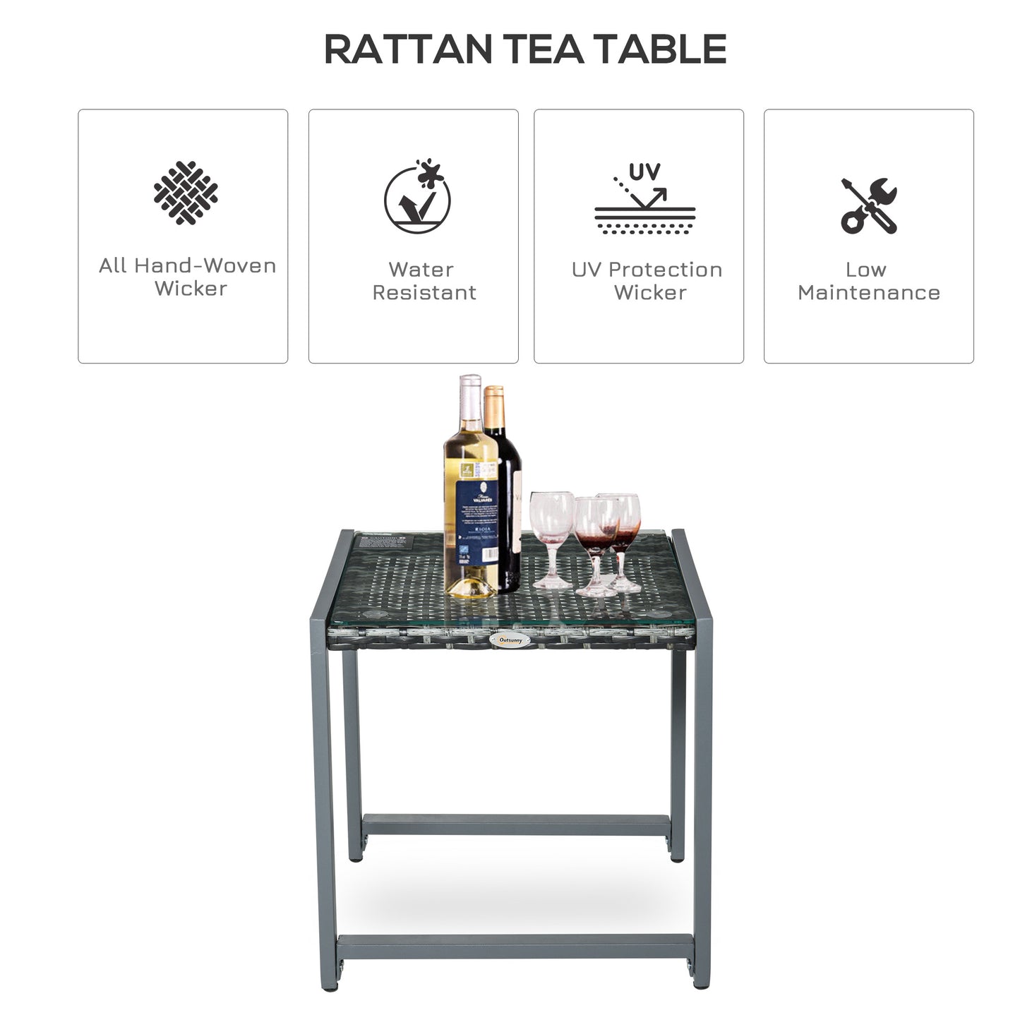 Outsunny Rattan Coffee Table, Wicker Patio Side Table with Tempered Glass Top and Aluminum Frame for Outdoor, Garden, Gray