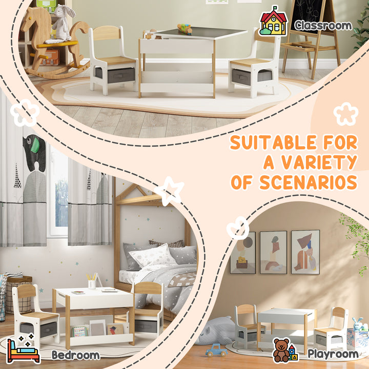 Qaba 3 Piece Kids Table and Chair Set with Reversible Tabletop, Blackboard, Storage, Bookshelf, for Playroom, Nursery, Grey