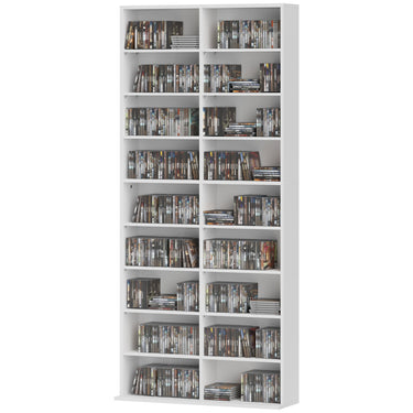 HOMCOM 9-Tier DVD Shelf with 18 Compartments and 14 Adjustable Shelves, Holds 640 CDs, 360 DVDs or 430 Blu-rays, White