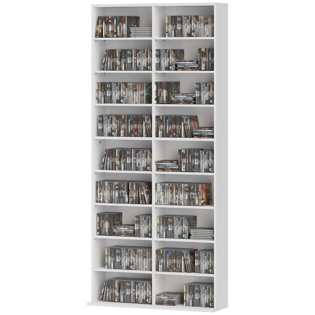 HOMCOM 9-Tier DVD Shelf with 18 Compartments and 14 Adjustable Shelves, Holds 640 CDs, 360 DVDs or 430 Blu-rays, White
