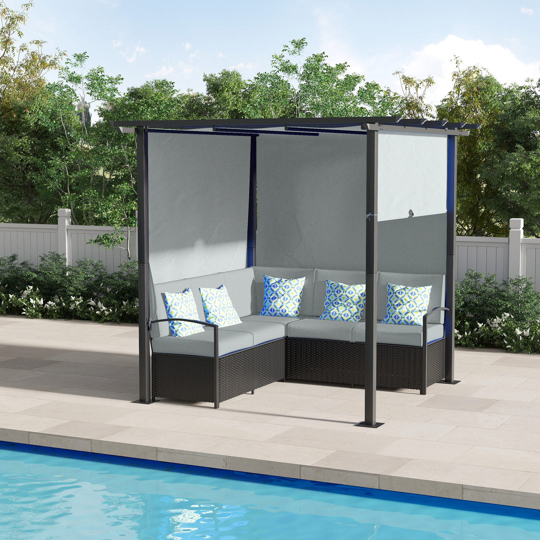 Outsunny Wicker Patio Furniture, Outdoor PE Rattan Sofa Set with Retractable Canopy Pergola, Shade Shelter for Deck, Pool, Garden, Terrace, Blue