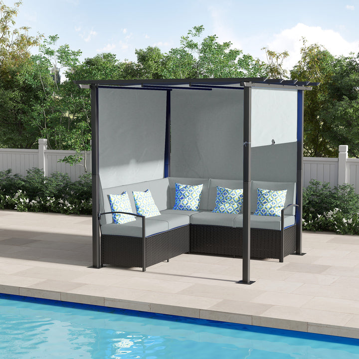 Outsunny Wicker Patio Furniture, Outdoor PE Rattan Sofa Set with Retractable Canopy Pergola, Shade Shelter for Deck, Pool, Garden, Terrace, Blue