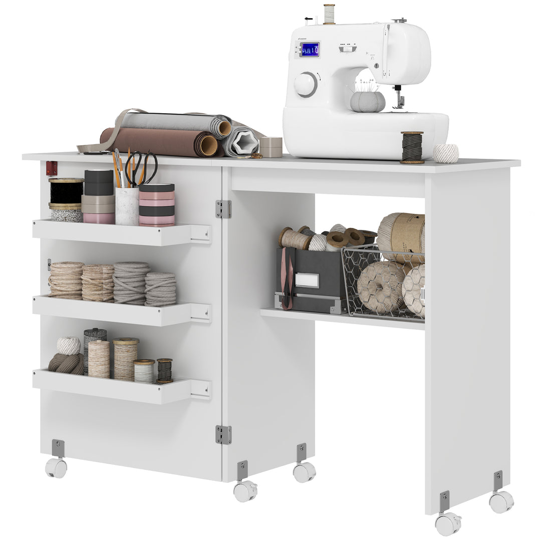 HOMCOM Sewing Machine Cabinet, Folding Sewing Table with Storage Shelf, Bins and Lockable Wheels for Small Space, White